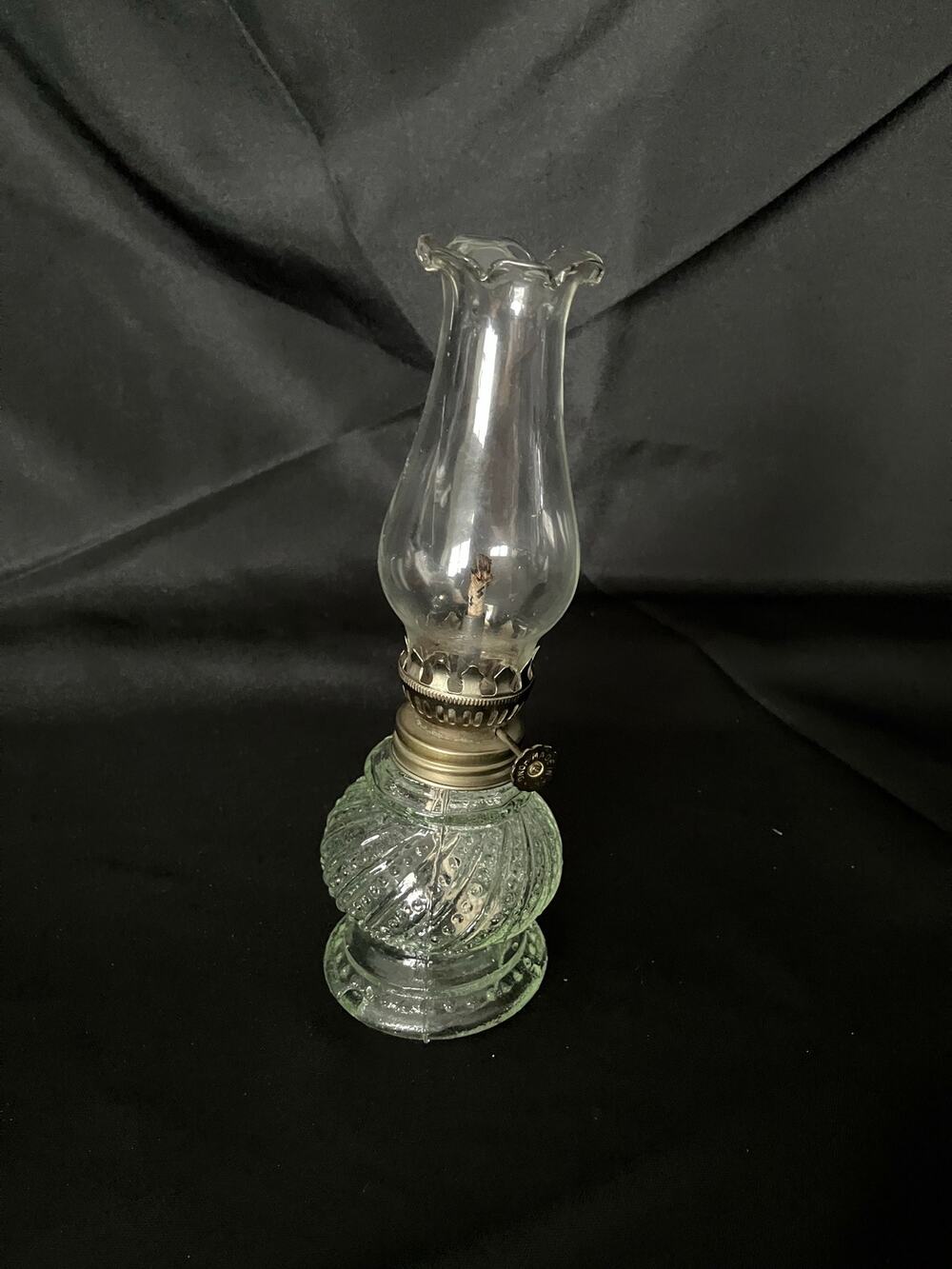 Vintage Clear Pressed Glass Mini Oil Lamp Brass Burner Hurricane Chimney 8 Inch